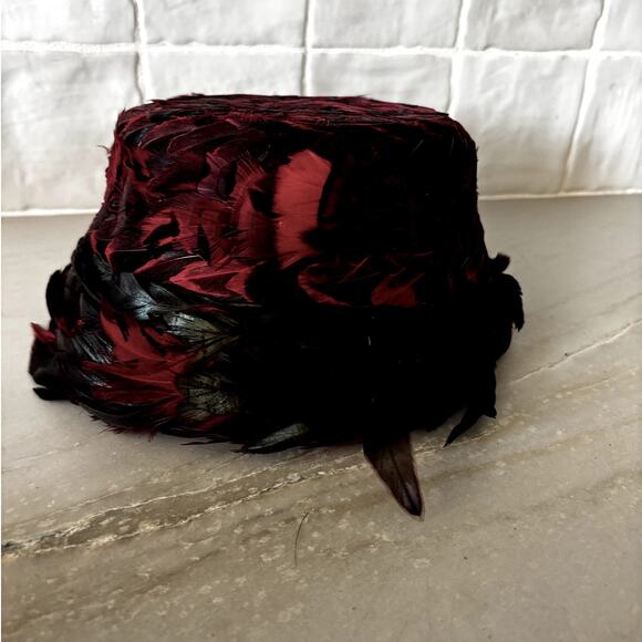Vintage Chapeaux Louise Red Black Feather Pillbox Cocktail Hat Fascinator
